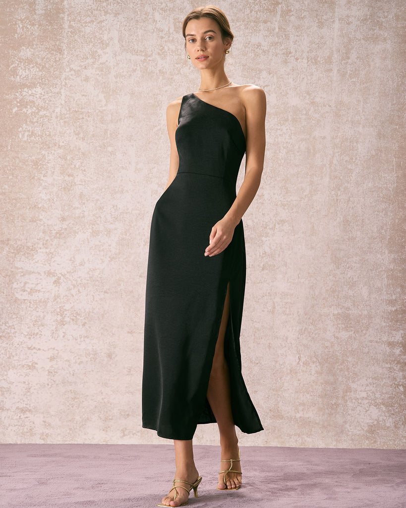 The Black One Shoulder Side Split Maxi Dress Dresses - RIHOAS