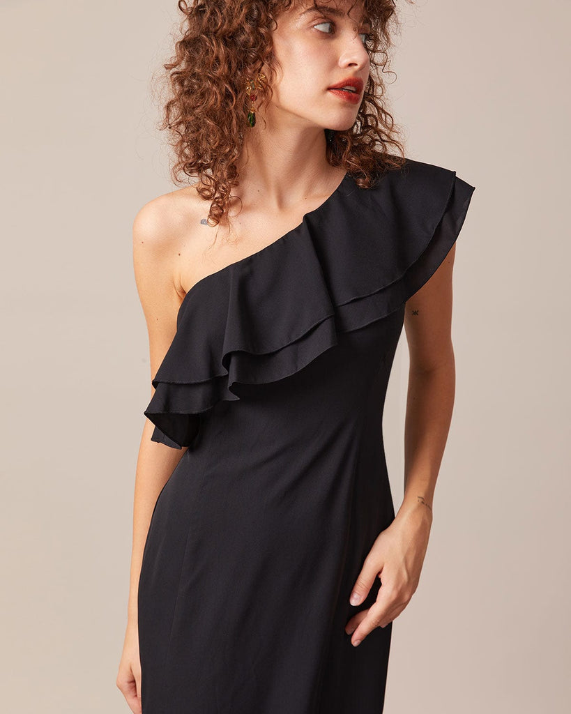 The Black One Shoulder Slit Maxi Dress Dresses - RIHOAS