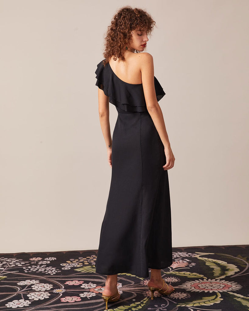 The Black One Shoulder Slit Maxi Dress Dresses - RIHOAS