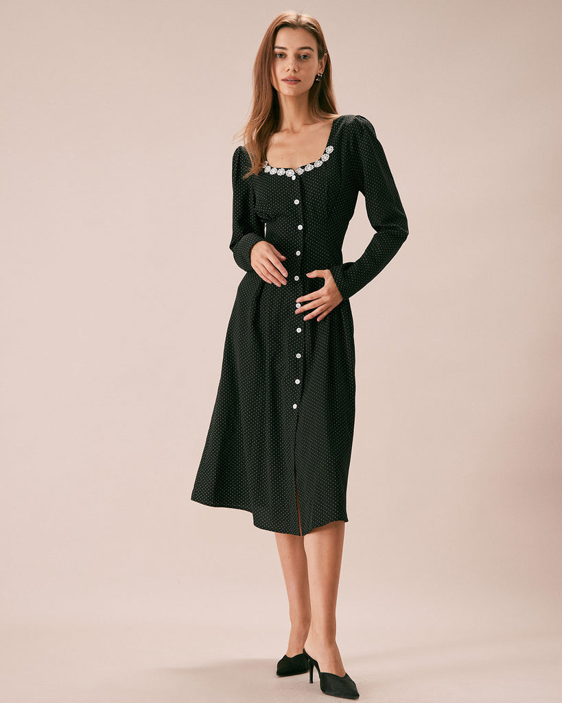 The Black Polka Dot Lace Midi Dress Dresses - RIHOAS