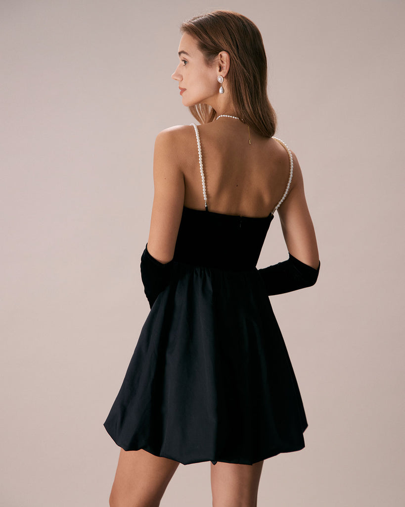 The Black Removable Straps Velvet Mini Dress Dresses - RIHOAS