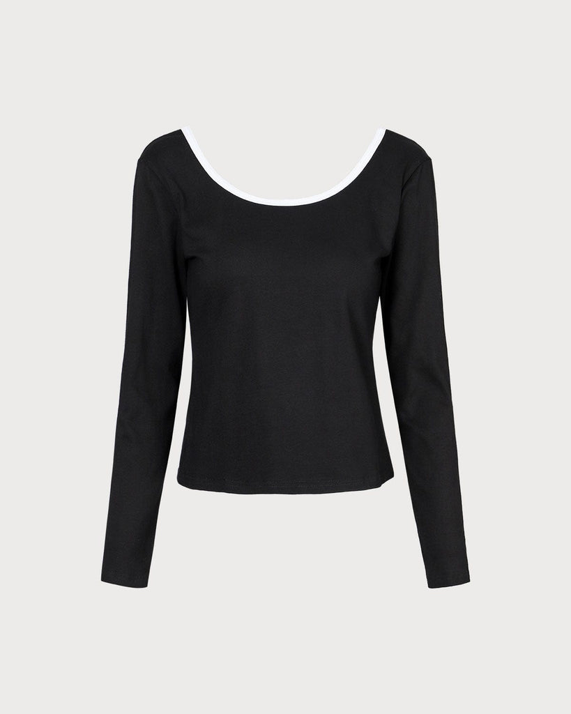 The Black Round Neck Backless Tee Black Tops - RIHOAS