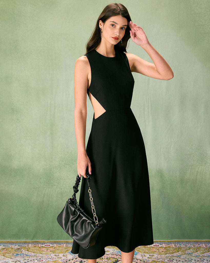 The Black Round Neck Cut Out Midi Dress Dresses - RIHOAS