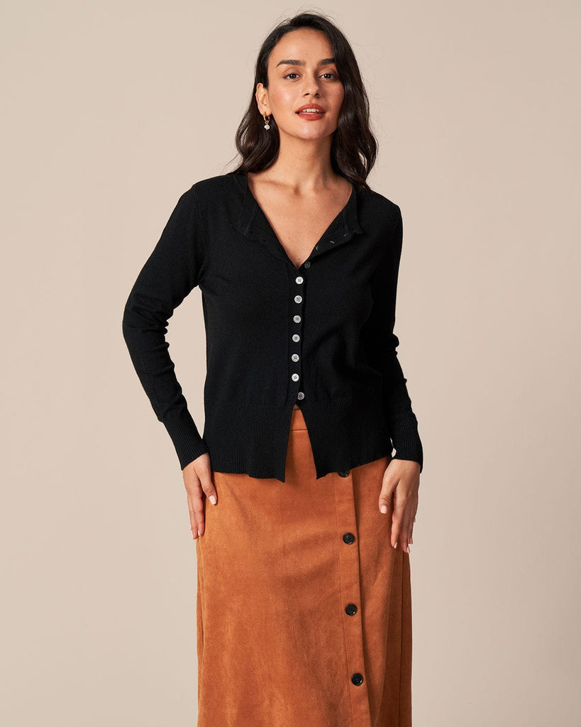 The Black Round Neck Knit Cardigan Black Tops - RIHOAS