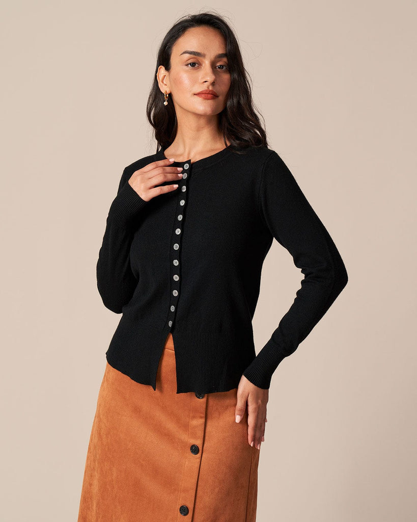 The Black Round Neck Knit Cardigan Tops - RIHOAS
