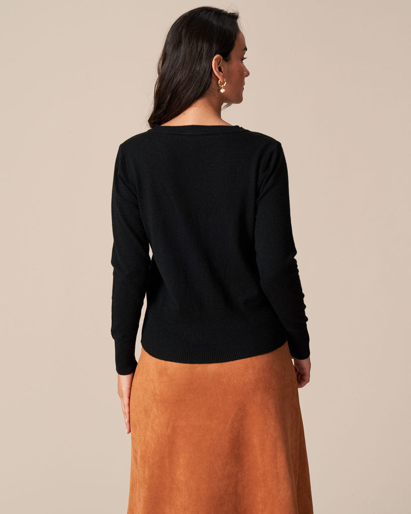 The Black Round Neck Knit Cardigan Tops - RIHOAS