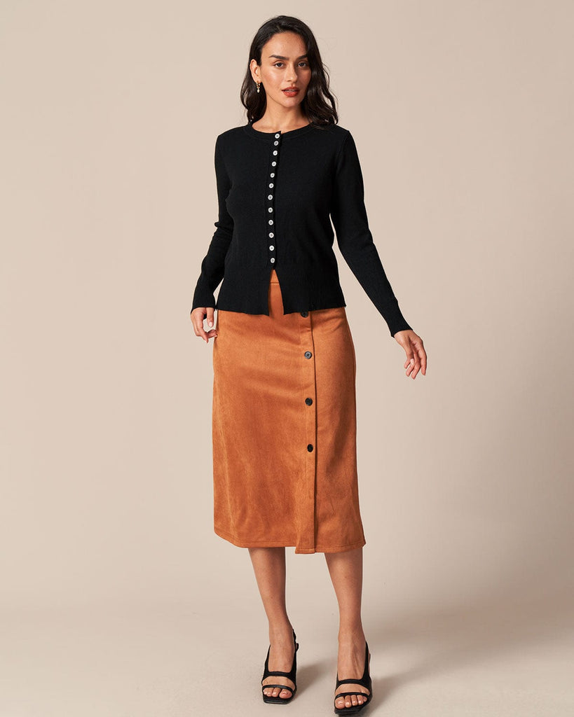The Black Round Neck Knit Cardigan Tops - RIHOAS