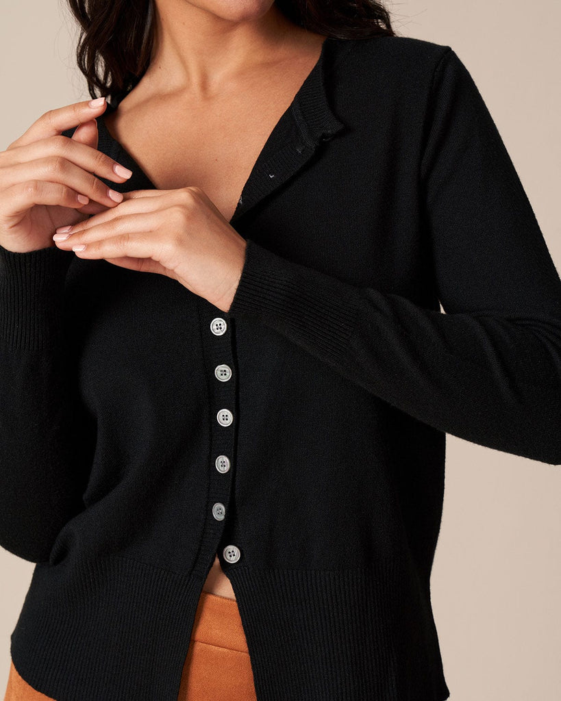The Black Round Neck Knit Cardigan Tops - RIHOAS