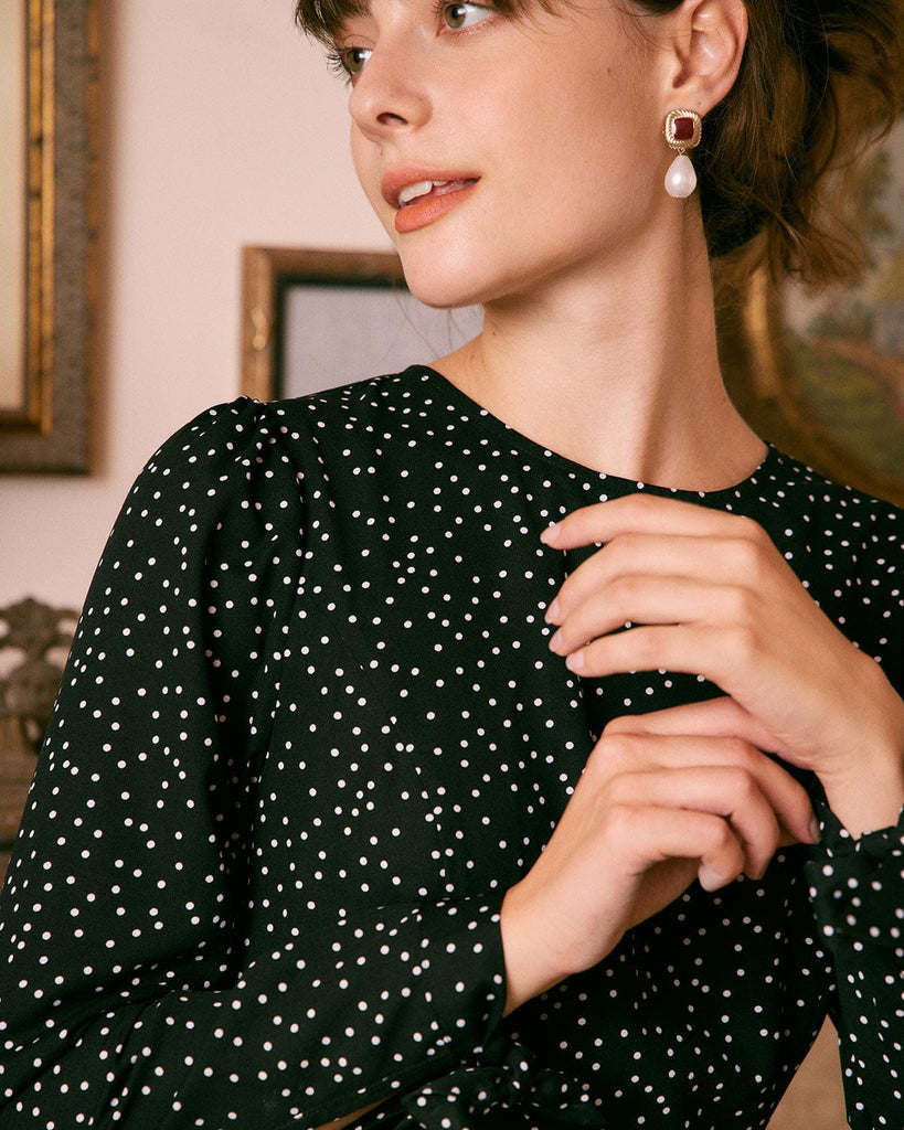 The Black Round Neck Polka Dot Mini Dress Dresses - RIHOAS