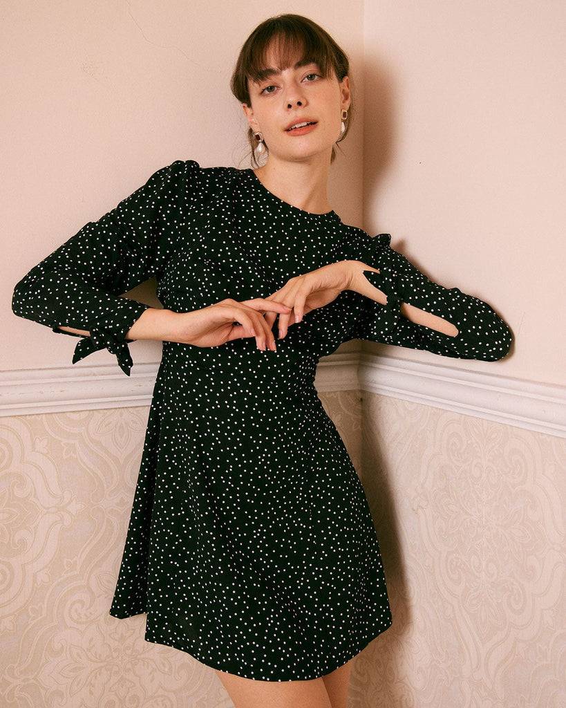 The Black Round Neck Polka Dot Mini Dress Dresses - RIHOAS