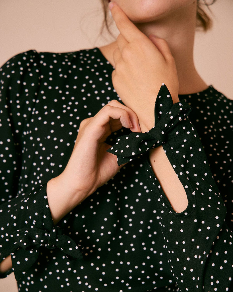 The Black Round Neck Polka Dot Mini Dress Dresses - RIHOAS