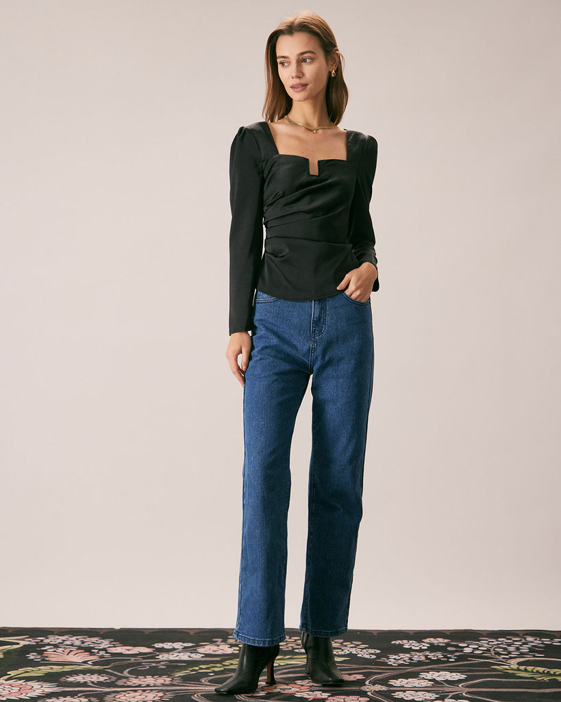 The Black Satin Ruched Blouse Tops - RIHOAS