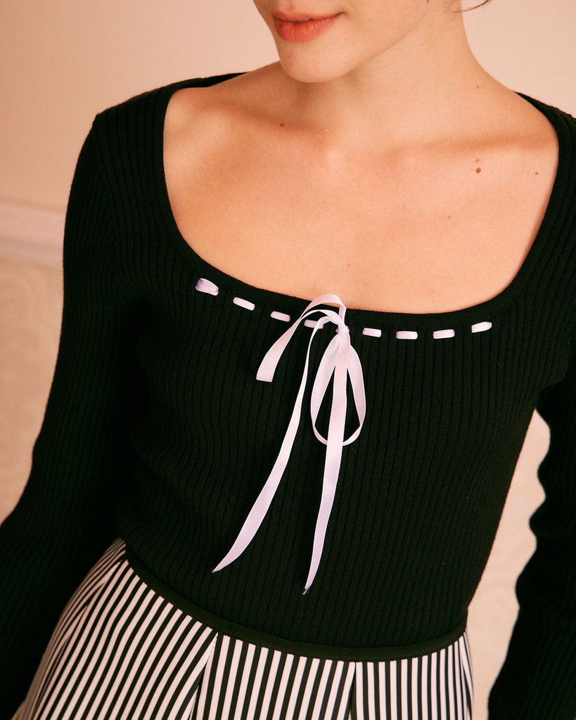 The Black Square Collar Tie Knit Top Tops - RIHOAS