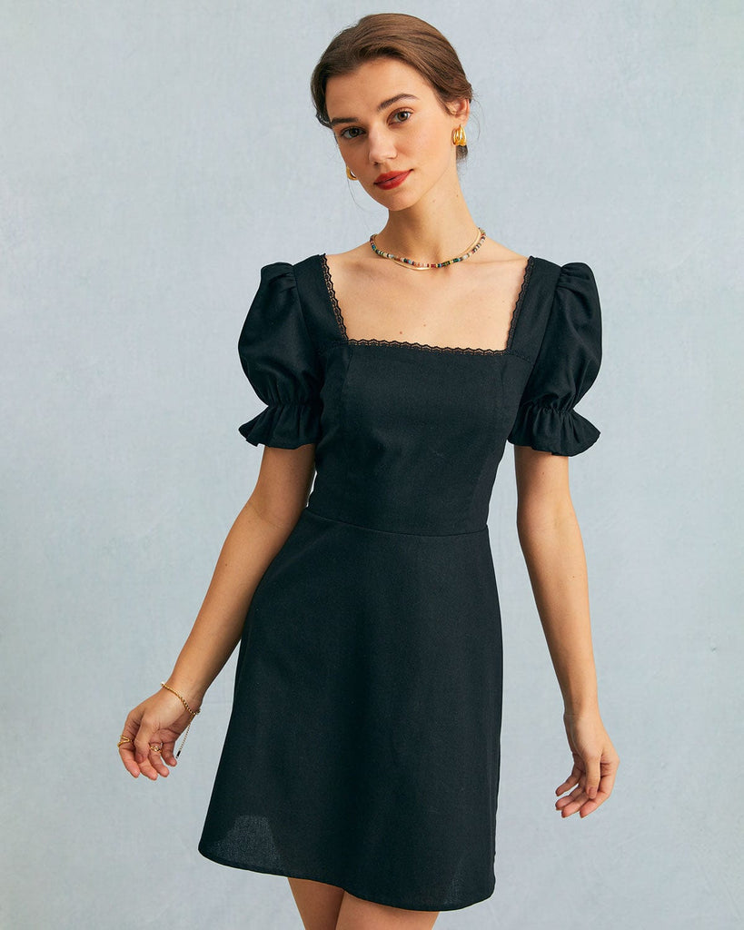 The Black Square Neck Backless Mini Dress Black Dresses - RIHOAS
