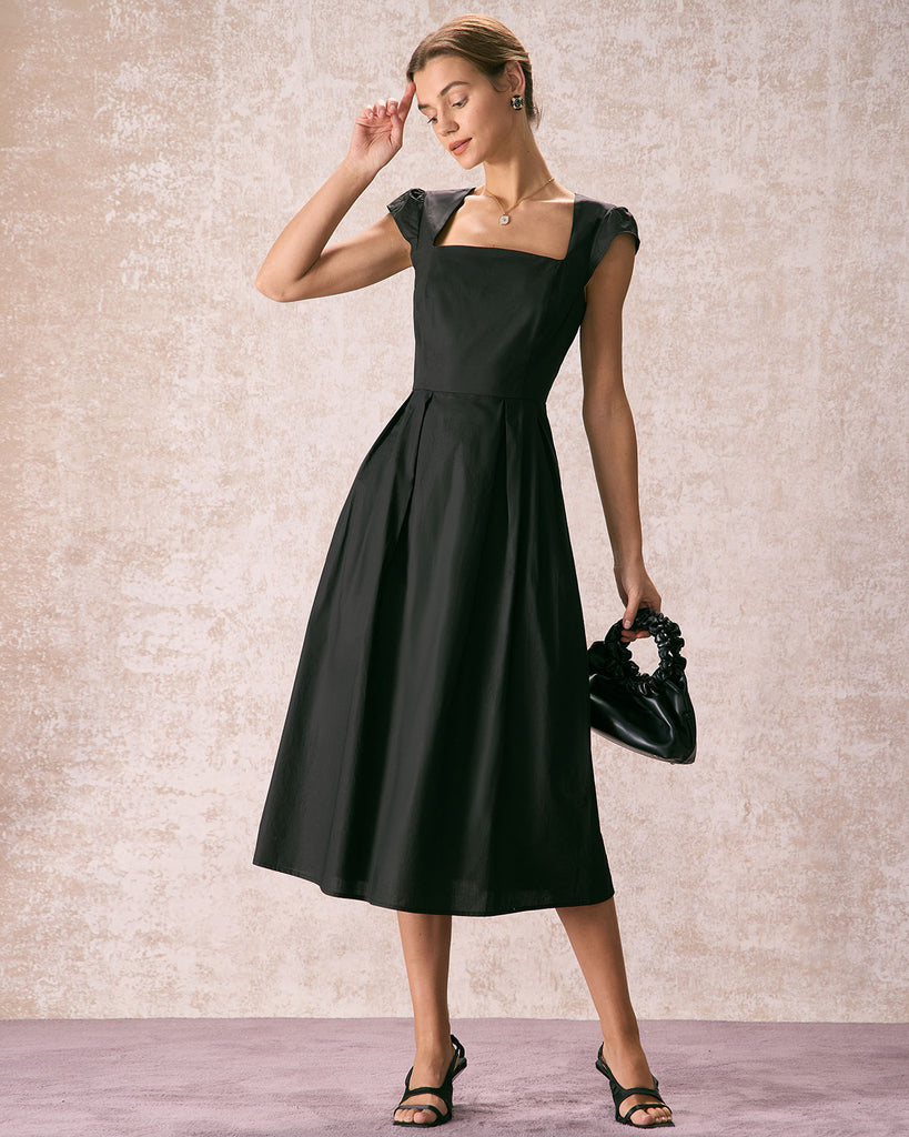 The Black Square Neck Cap Sleeve Midi Dress Dresses - RIHOAS
