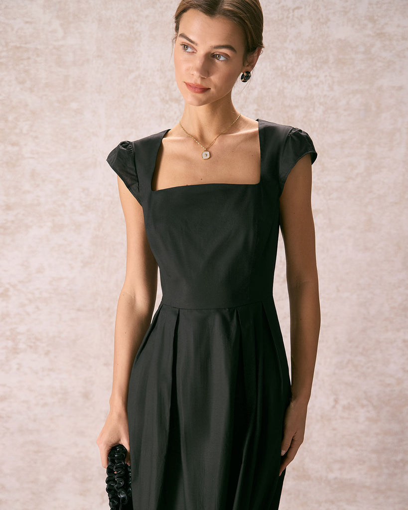The Black Square Neck Cap Sleeve Midi Dress Dresses - RIHOAS