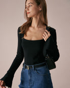 The Black Square Neck Flare Sleeve Tee Tops - RIHOAS
