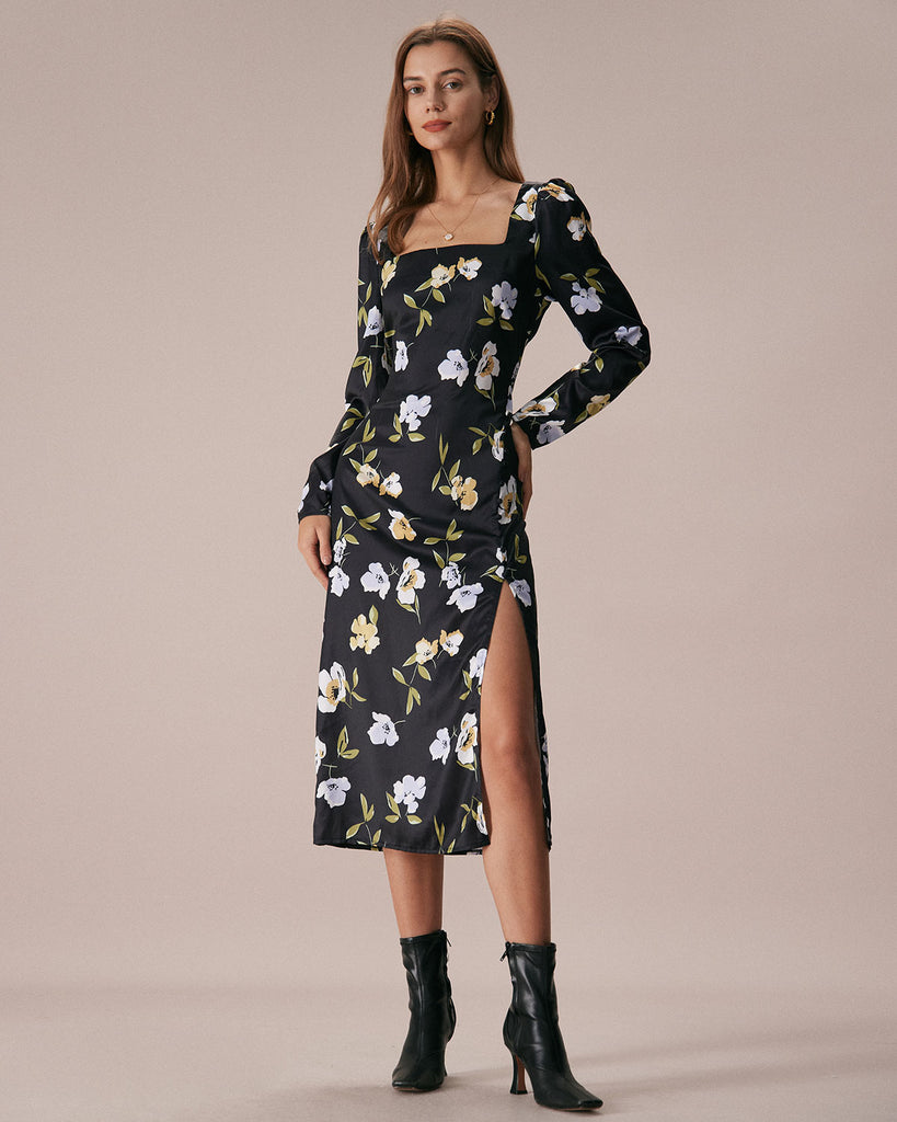 The Black Square Neck Floral Midi Dress Black Dresses - RIHOAS