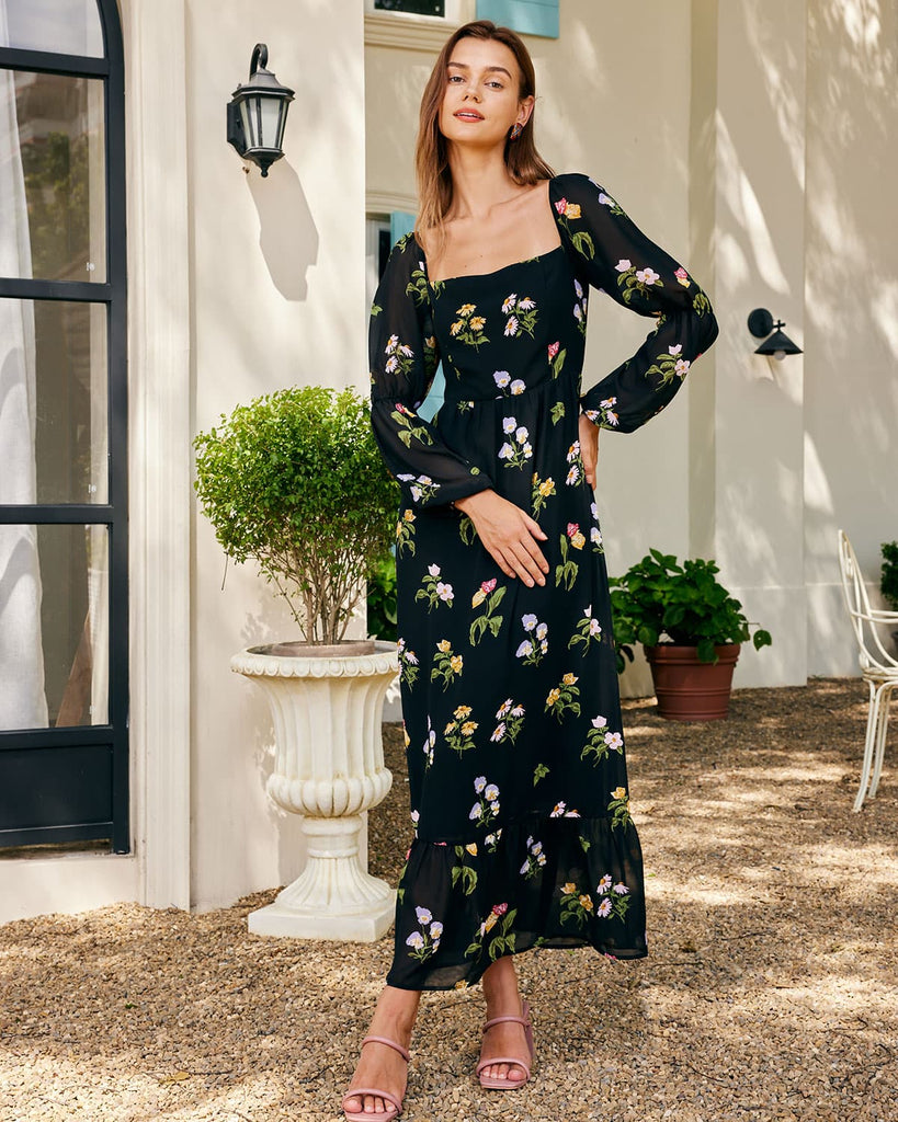 The Black Square Neck Floral Ruffle Maxi Dress Black Dresses - RIHOAS