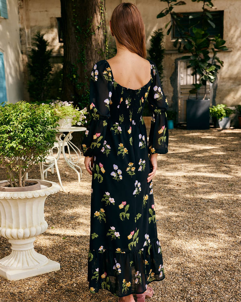 The Black Square Neck Floral Ruffle Maxi Dress Dresses - RIHOAS