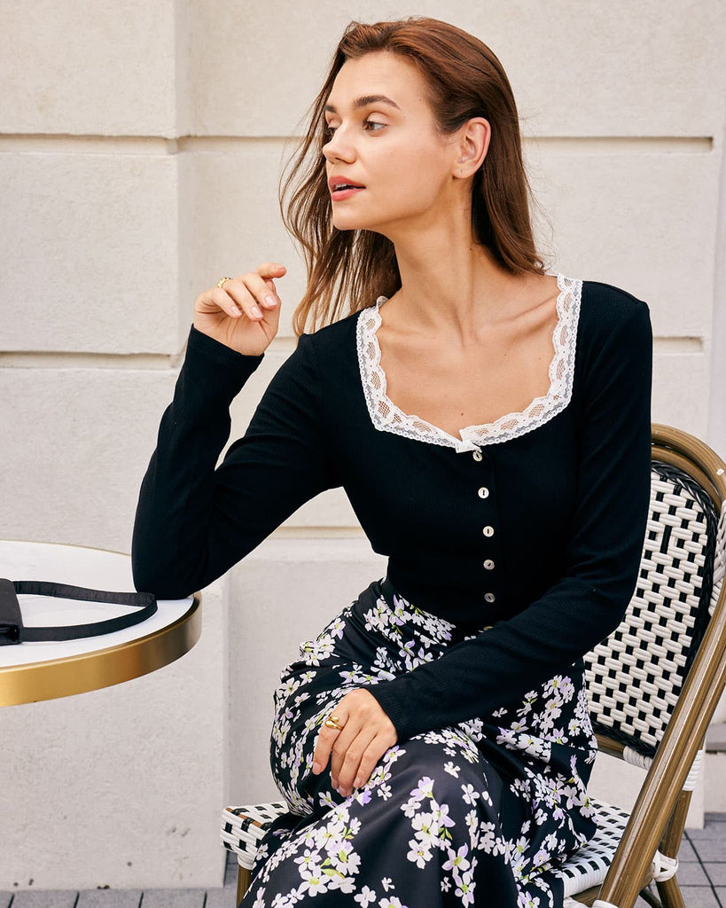 The Black Square Neck Lace Trim Knit Top Black Tops - RIHOAS