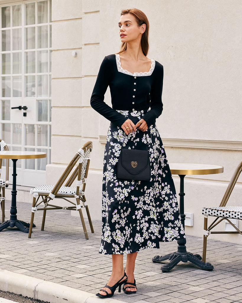 The Black Square Neck Lace Trim Knit Top Tops - RIHOAS
