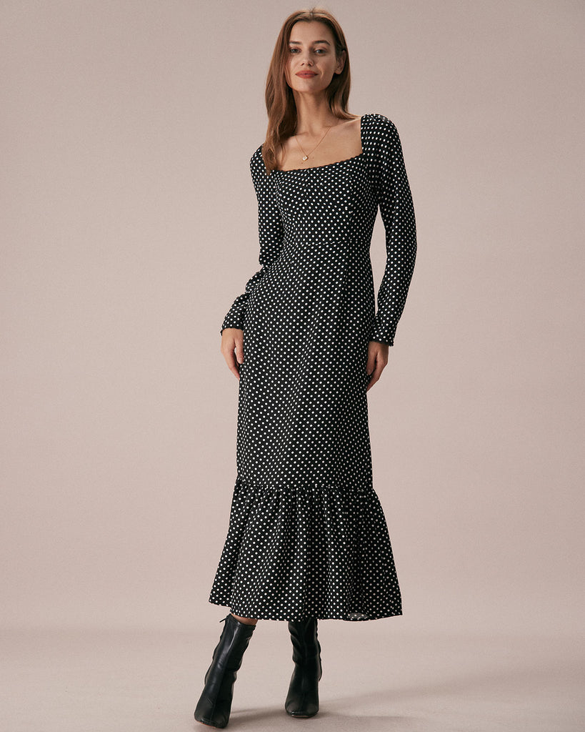 The Black Square Neck Polka Dot Maxi Dress Black Dresses - RIHOAS