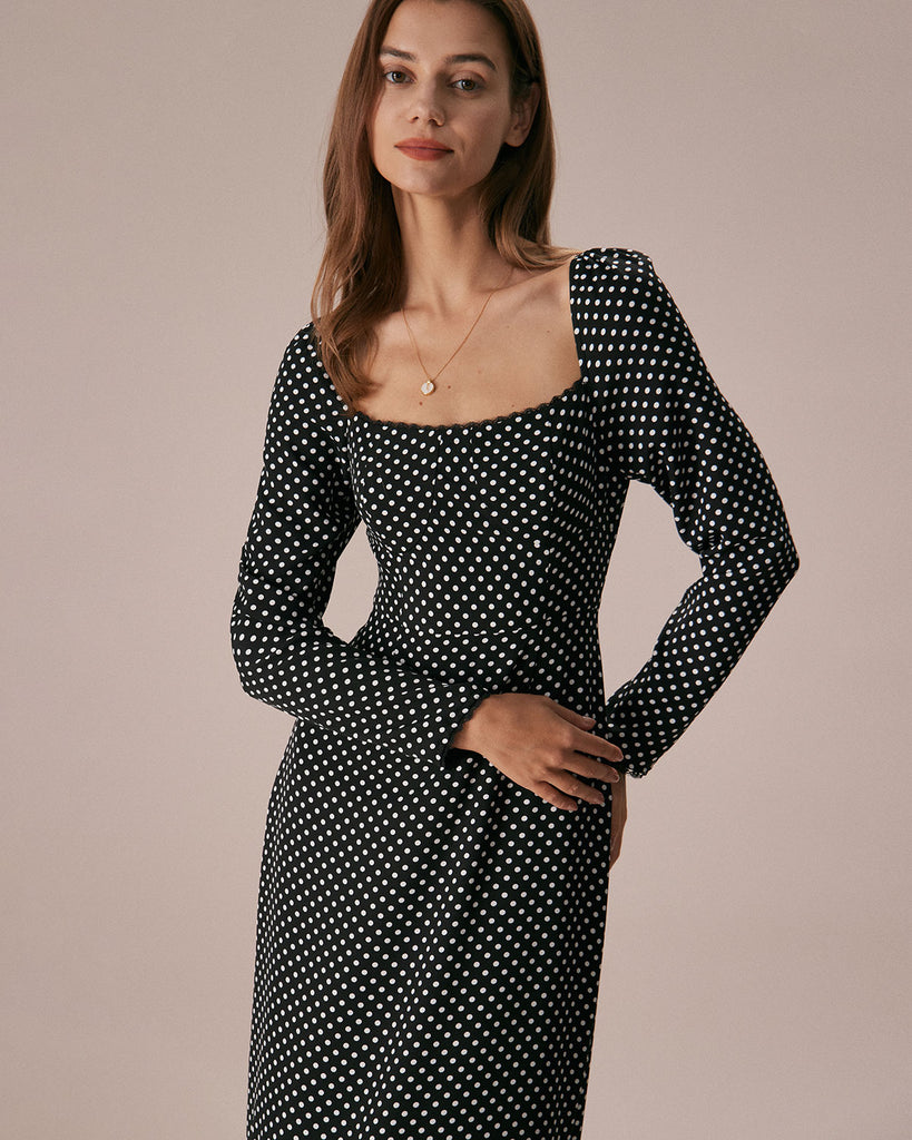 The Black Square Neck Polka Dot Maxi Dress Dresses - RIHOAS