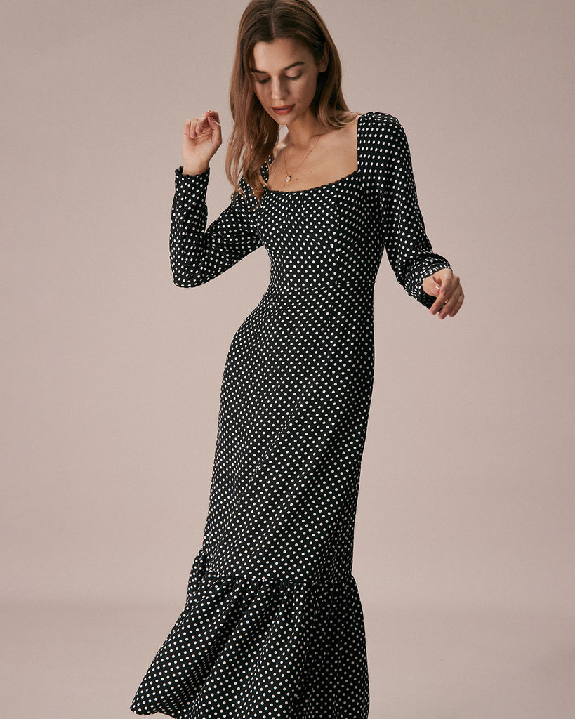 The Black Square Neck Polka Dot Maxi Dress Dresses - RIHOAS