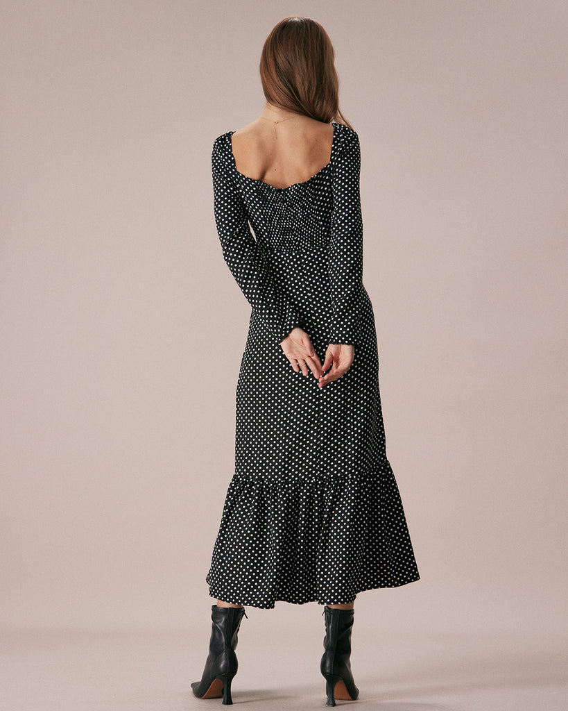 The Black Square Neck Polka Dot Maxi Dress Dresses - RIHOAS