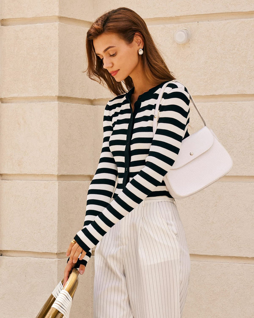The Black Striped Button-up Knit Top Tops - RIHOAS