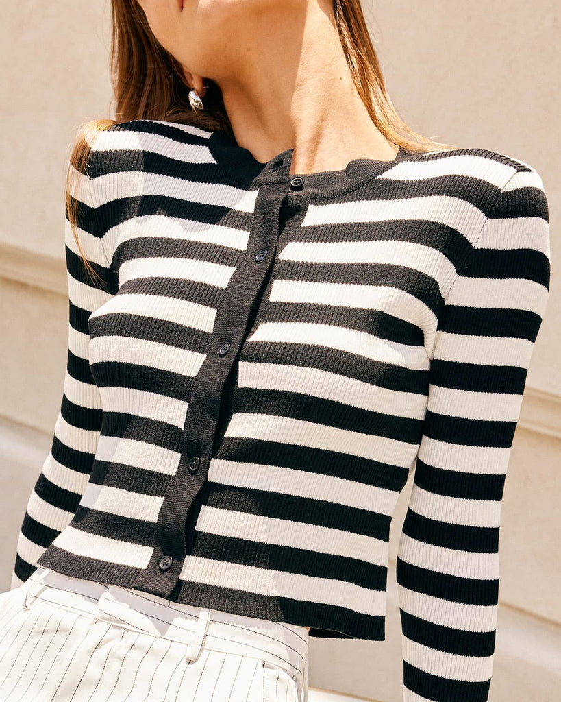 The Black Striped Button-up Knit Top Tops - RIHOAS