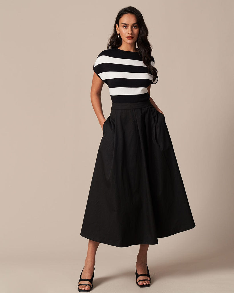The Black Striped Cap Sleeve Knit Tee Tops - RIHOAS