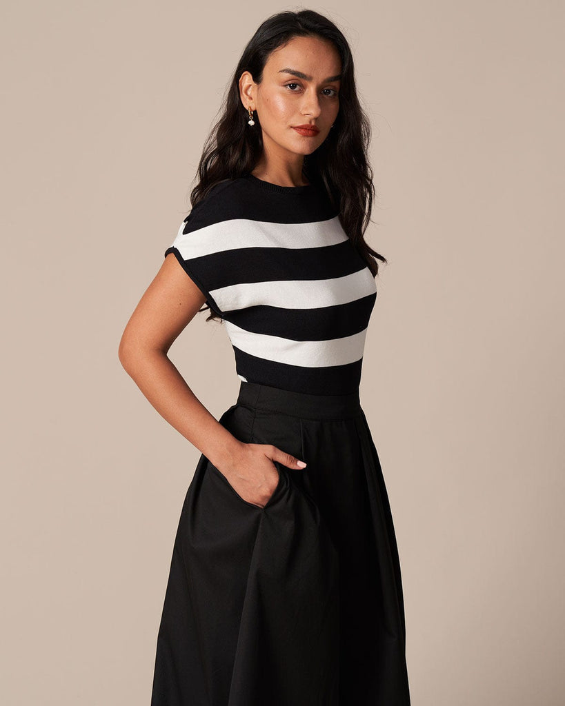 The Black Striped Cap Sleeve Knit Tee Tops - RIHOAS