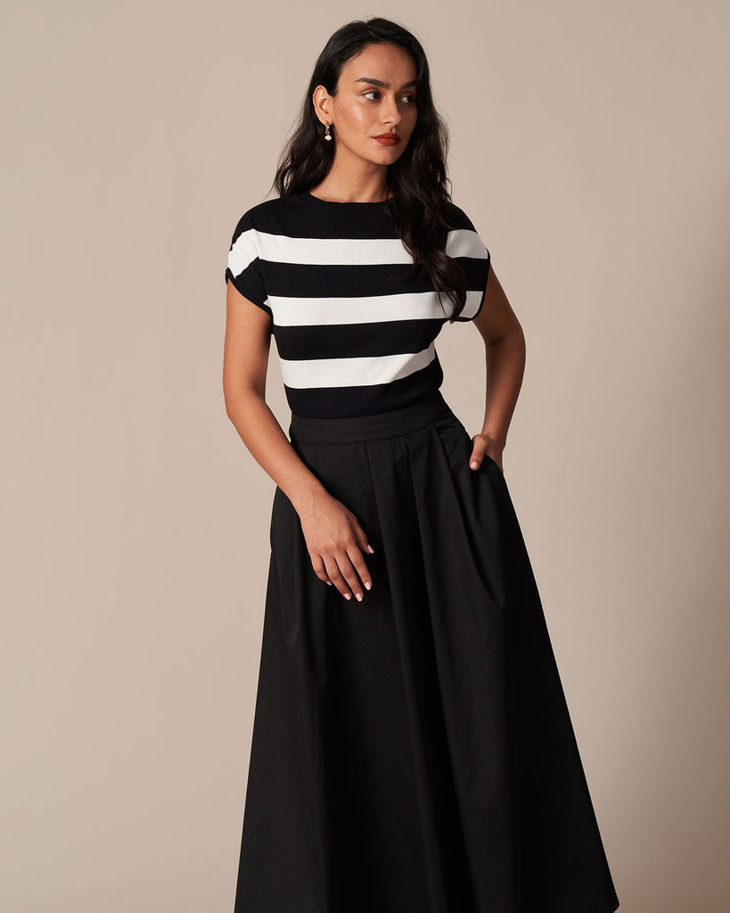 The Black Striped Cap Sleeve Knit Tee Tops - RIHOAS