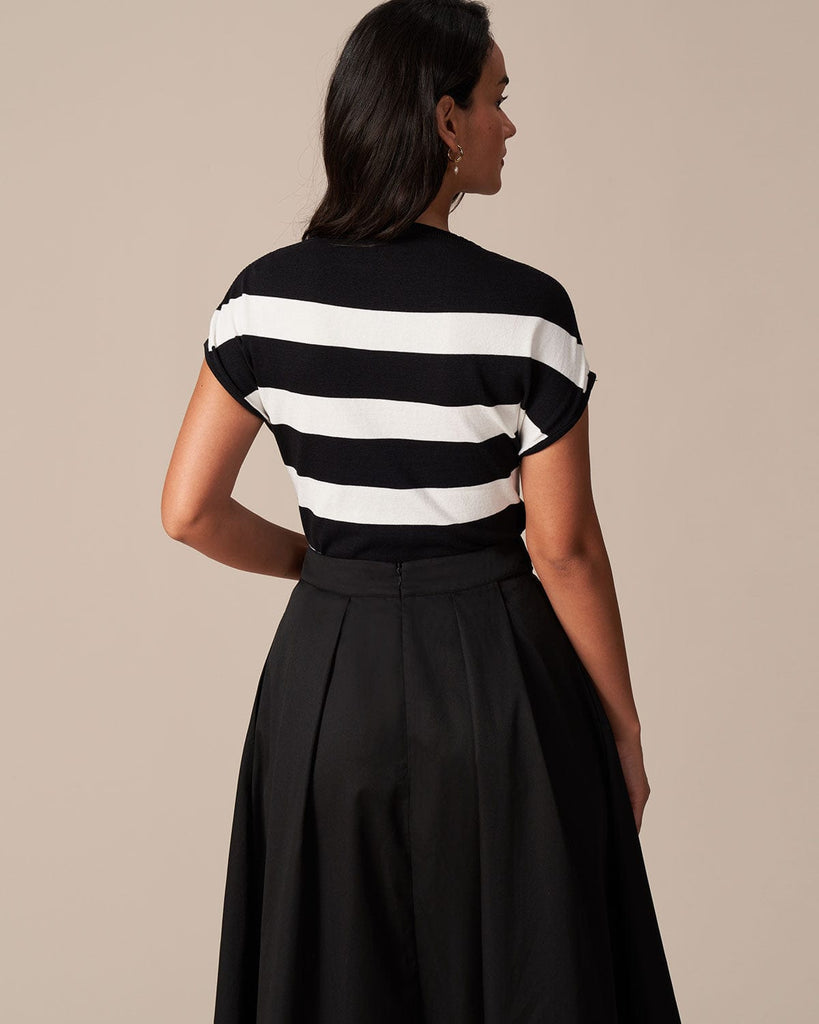 The Black Striped Cap Sleeve Knit Tee Tops - RIHOAS