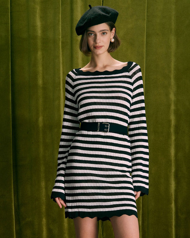 The Black Striped Flare Sleeve Mini Dress