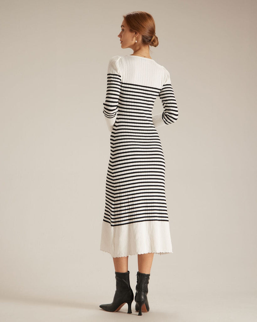 The Black Striped Knit Midi Dress Dresses - RIHOAS