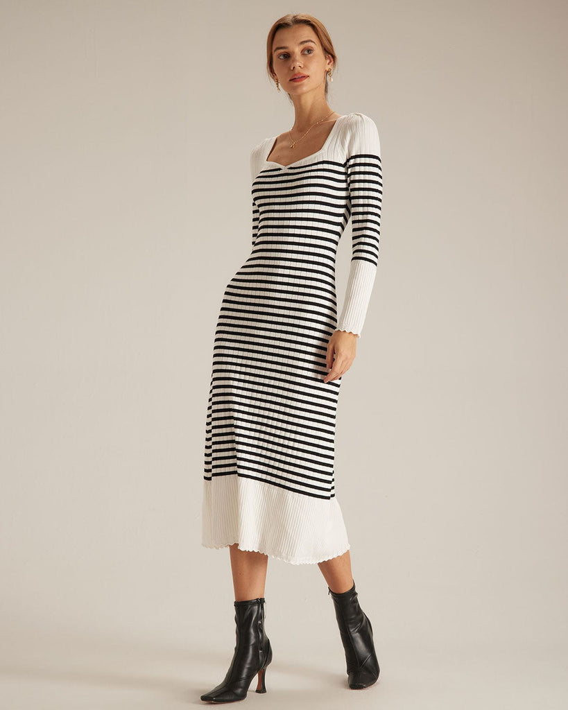 The Black Striped Knit Midi Dress Dresses - RIHOAS