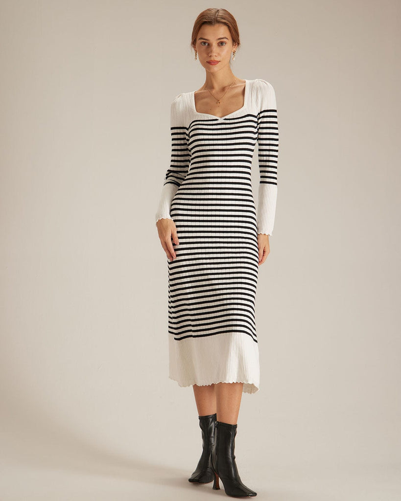 The Black Striped Knit Midi Dress Dresses - RIHOAS