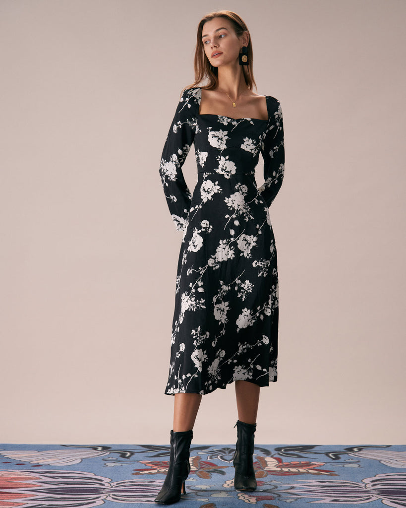 The Black Sweetheart Neck Floral Midi Dress Black Dresses - RIHOAS