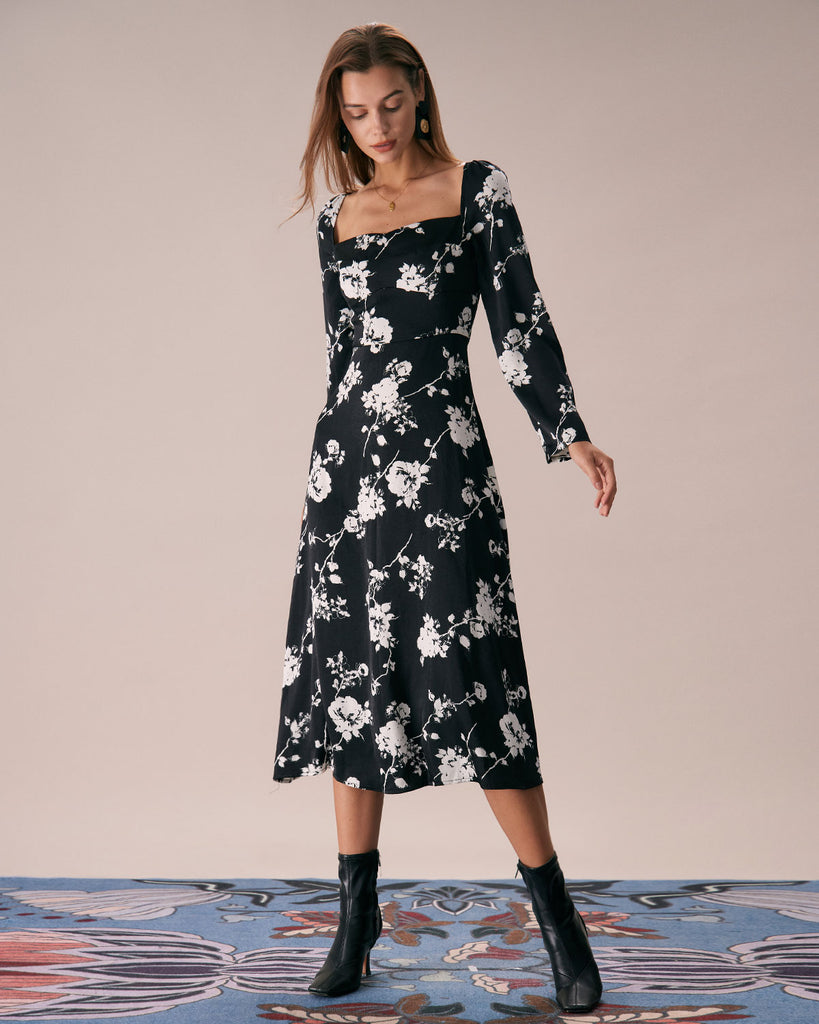 The Black Sweetheart Neck Floral Midi Dress Dresses - RIHOAS