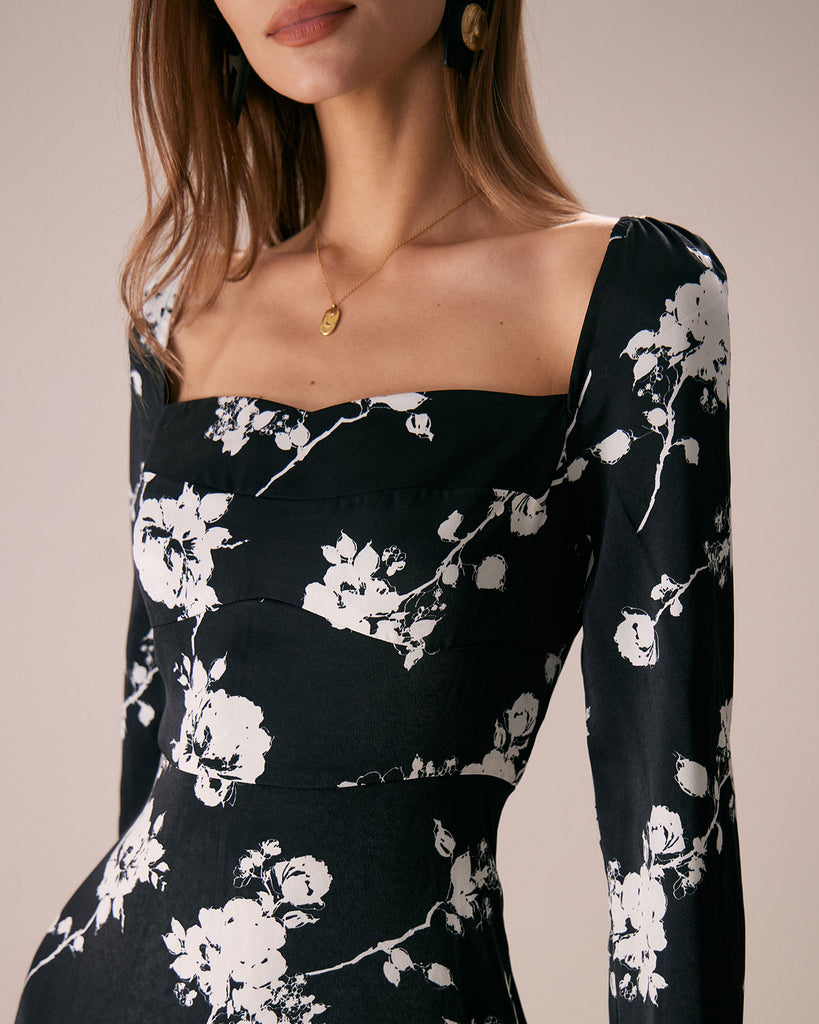 The Black Sweetheart Neck Floral Midi Dress Dresses - RIHOAS