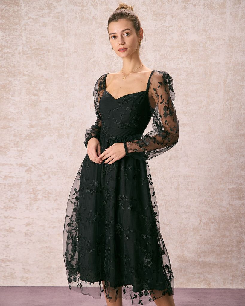 The Black Sweetheart Neck Mesh Midi Dress Black Dresses - RIHOAS