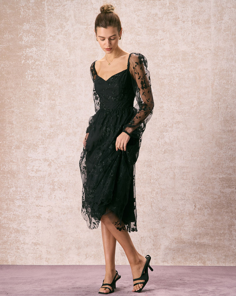 The Black Sweetheart Neck Mesh Midi Dress Dresses - RIHOAS