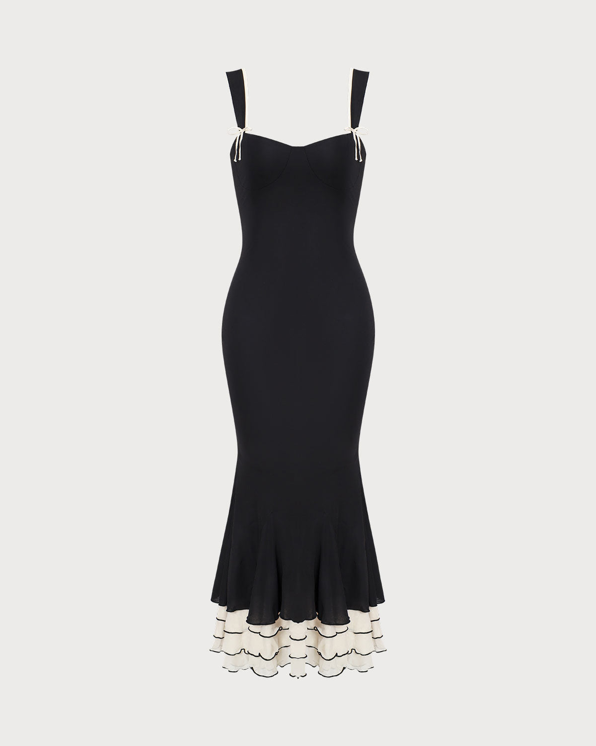 the black sweetheart neck bodycon slip maxi dress Rihoas Sweetheart Neck Sleeveless Color Block Tiered Ruffle Hem Trumpet Maxi Dress, Black / XL