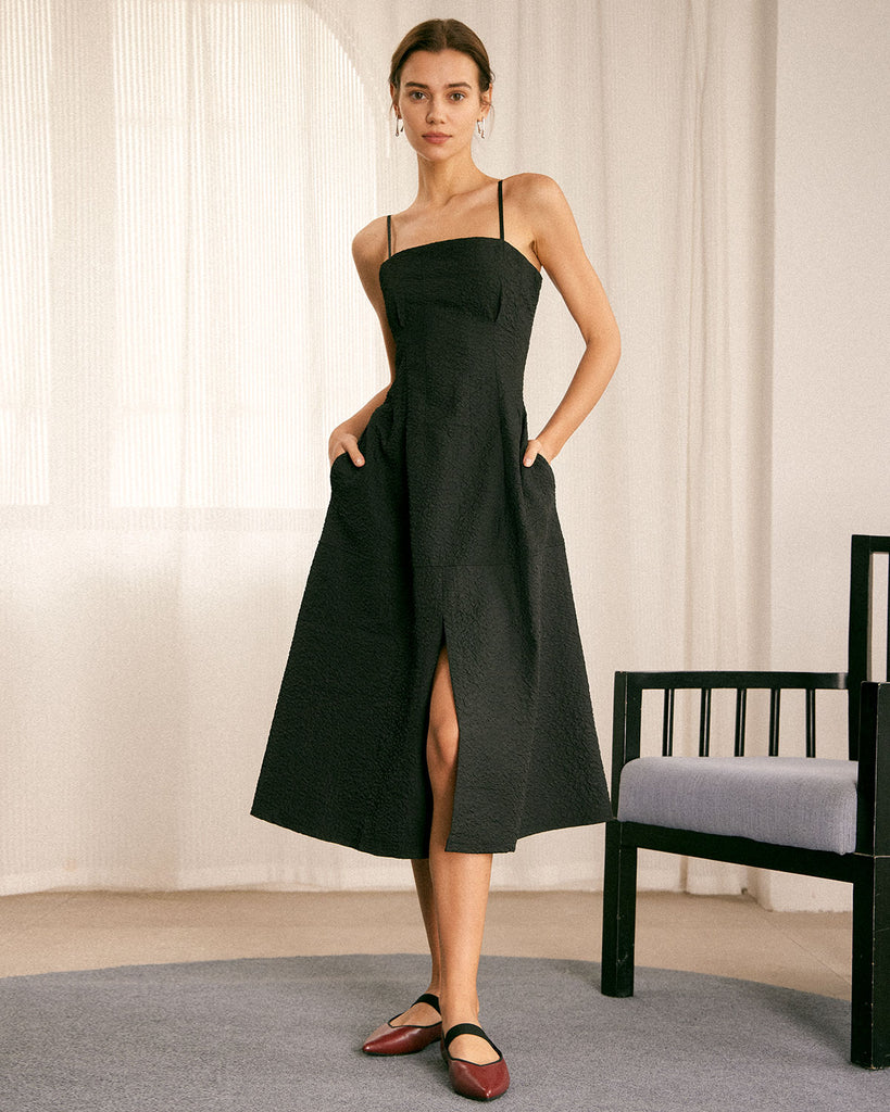 The Black Textured Slit Slip Dress Dresses - RIHOAS