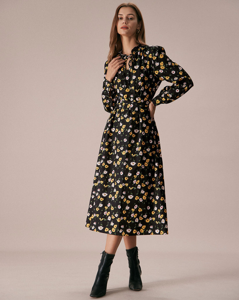 The Black Tie Neck Floral Midi Dress Black Dresses - RIHOAS