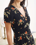 The Black V-Neck Button Detail Floral Maxi Dress Dresses - RIHOAS