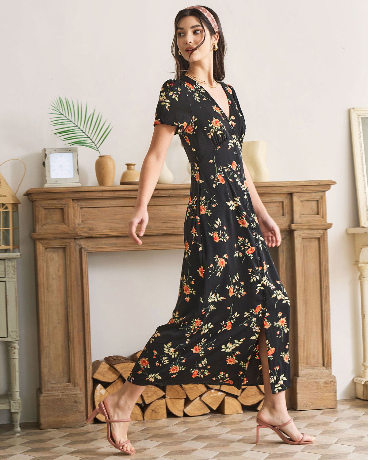 The Black V-Neck Button Detail Floral Maxi Dress Dresses - RIHOAS
